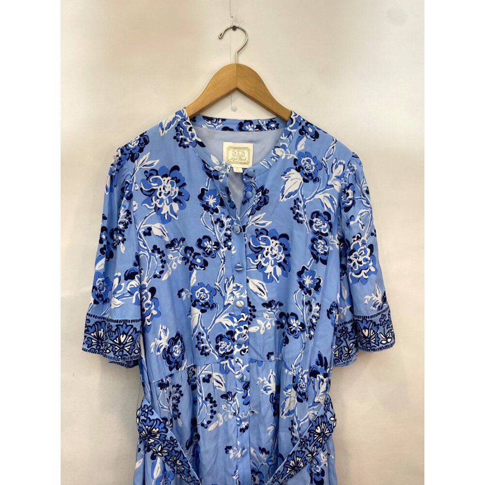 Sail to Sable Blue Floral Belted Ruffle Hem Shirt Dress Style Charade Size XXL - Picture 3 of 7